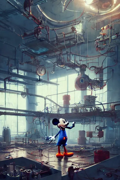 Image similar to mechanics fixing bloody mickey mouse head, mechanic facility, made by beeple, cgsociety, artgerm, greg rutkowski, highly detailed intricate 4 k art, low light cinematic, octane render, unreal engine,