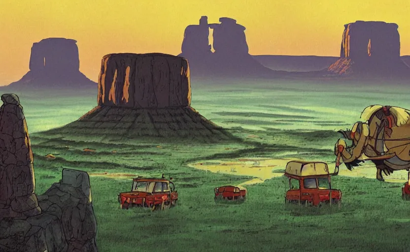 Image similar to a realistic cell - shaded studio ghibli concept art from paprika ( 2 0 0 6 ) of a cubic multi - colored rocketship from close encounters of the third kind ( 1 9 7 7 ) in a flooded monument valley stonehenge jungle jungle on a misty starry night. a camel caravan is in the foreground. very dull colors, portal, hd, 4 k, hq