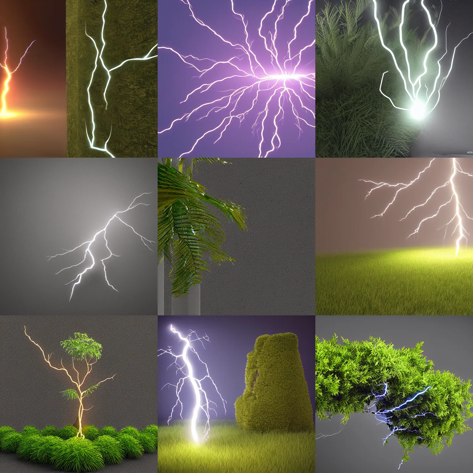 Prompt: lightning bolt striking a bush, octane render