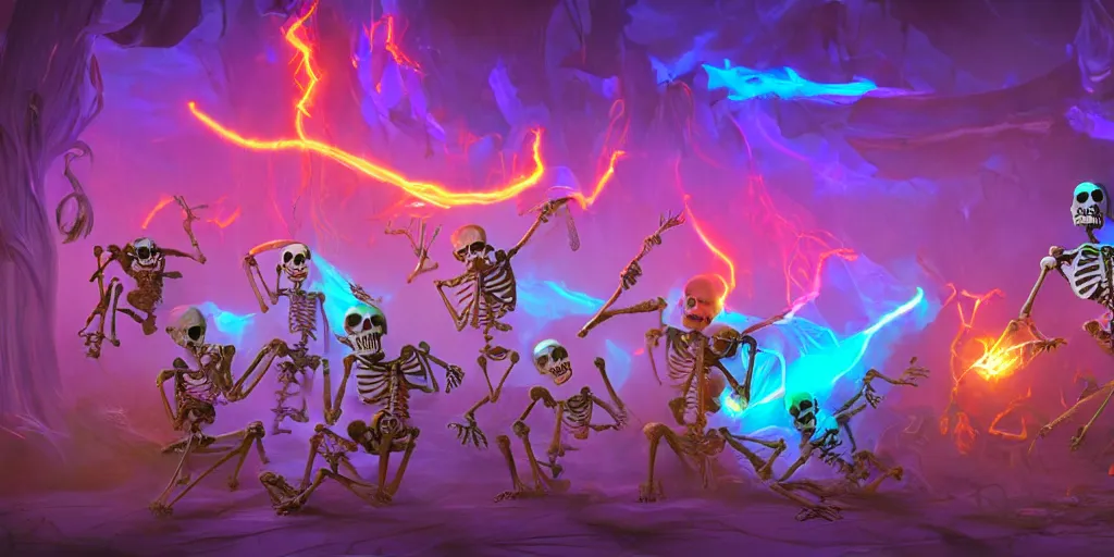 Prompt: skeletons, they are in front of a desk working on a new dark spell that is casting out flowing energy, colorful, flowing energy, light rays, medium shot, waist up, sharp, concept art, highly detailed, bloom, dramatic lighting, cinematic, by dreamworks