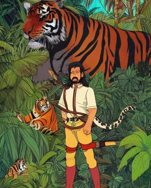 Prompt: portrait of a conquistador in a jungle, with a pet tiger, by nicola saviori, and dan mora, studio ghibli color scheme, highly detailed