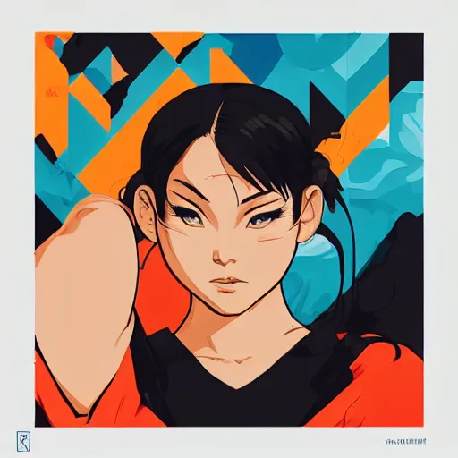 Image similar to Street Fighter 2 Chun-Li profile picture by Sachin Teng, asymmetrical, Organic Painting , adidas, Impressive, Award Winning, Warm, Good Vibes, Positive, geometric shapes, hard edges, energetic, intricate background, graffiti, street art:2 by Sachin Teng:4