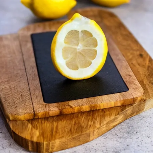 Prompt: close up image of a lemon wearing sunglasses on a cutting board