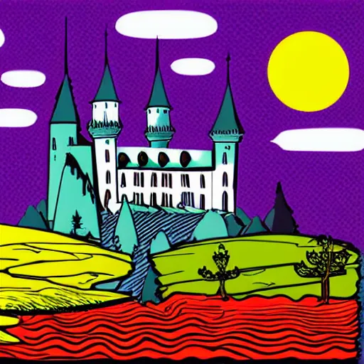 Image similar to beautiful gothic castle landscape in the style of Pop art