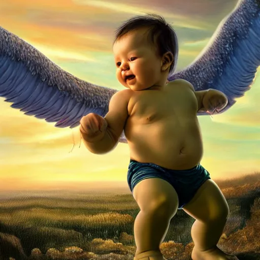 Image similar to a baby hulk with wings, flapping its wings flying in sunset sky, oil on canvas, portrait, intricate, 8k highly professionally detailed, HDR, CGsociety