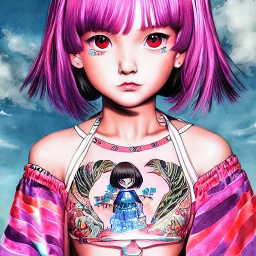 Prompt: tattooed little girl wearing an gucci's outfit. art by ilya kuvshinov, profile picture, inspired by hirohiko araki, highly detailed, 8 0 s anime art style, realistic, vogue cover