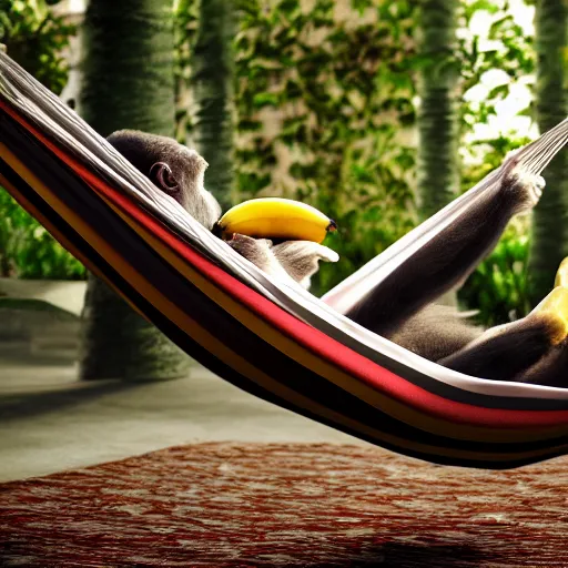 Image similar to digital art of a monkey laying in a hammock eating a banana, octane render, 8 k render, saturated, dynamic lighting