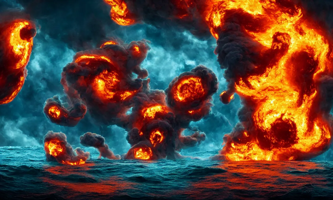 Prompt: the swirling portal in the ocean erupts violently with fire and brimstone as hellacious abominations appear to fly out of it in droves. photorealistic. intricate details. 3 5 mm photograph. dramatic lighting. action shot. absolute focus. masterpiece.