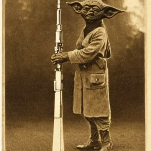 Image similar to old wartime photograph of yoda from star wards holding a lewis gun, grainy photo, sepia tone 1 9 1 7