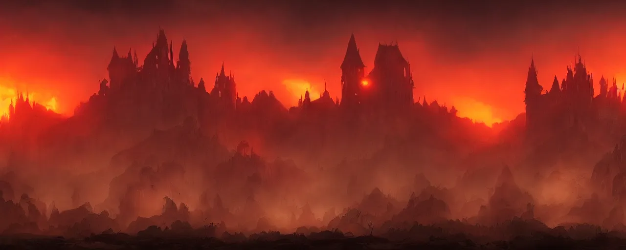 Prompt: mystic foggy cinematic jungle panorama with corpses of monsters on the ground, red sunset ,backlight , castle on fire by frazetta ,detailed visible brushmarks