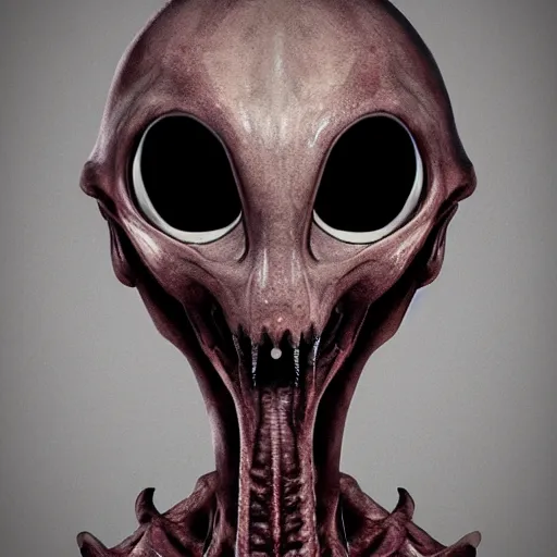 Image similar to humanoid with crooked teeth, sepia tint, two shallow black eyes, long open black mouth, alien looking, big forehead, horrifying, killer, creepy, long open black mouth, dead, looking straight into camera, realistic, slightly red, long neck, boney, monster, tall, very skinny, skullish, big forehead, in the style of alfred kubin