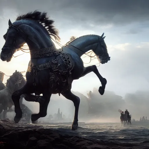 Image similar to the trojan horse, volumetric lighting, 8 k octane beautifully detailed render, post - processing, extremely hyper - detailed, intricate, epic composition, cinematic lighting, masterpiece, trending on artstation, detailed detailed detailed, masterpiece, stunning art by anders zorn, wonderful masterpiece by greg rutkowski, beautiful cinematic light,