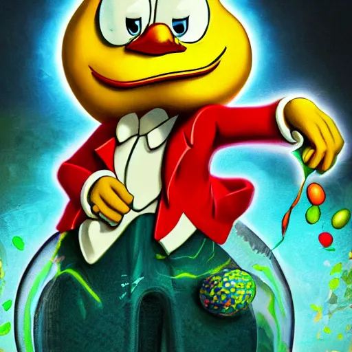 Prompt: An extremely psychedelic portrait of Scrooge McDuck from DuckTales holding egg, surreal, LSD, face, detailed, intricate, elegant, lithe, highly detailed, digital painting, artstation, concept art, smooth, sharp focus, illustration