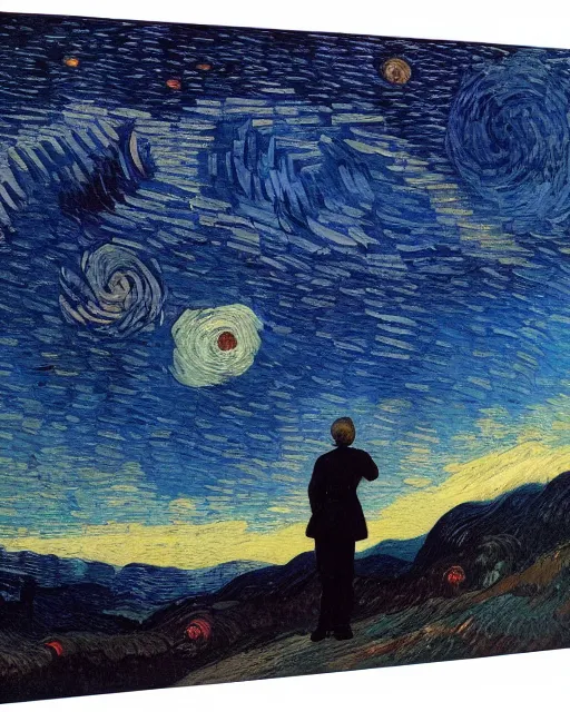 Image similar to a person looking at the night sky with stars, colorful, beautiful, national geographic, very detailed, astrophotography, oil painting, canvas, Vincent van Gogh, Caspar David Friedrich, Theodor Kittelsen, Albert Bierstadt