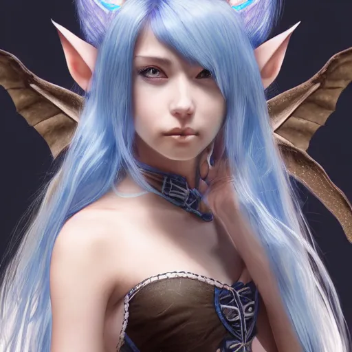 Prompt: portrait of hybrid dragon young girl, dragon skin, dragon ears, blue hair, long hair, highly detailed 3D render, 8k, rpg concept art character, jrpg character, manga, anime, video game character, concept art, by Yoshitaka Amano