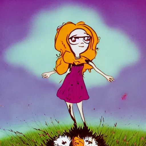 Image similar to The body art depicts a woman standing in a field of ashes, her dress billowing in the wind. Her hair is wild and her eyes are closed, and she seems to be in a trance-like state. The body art is dark and atmospheric, and the ashes in the field seem to be almost alive, swirling around. Powerpuff Girls by Richard Scarry, by Heywood Hardy unified