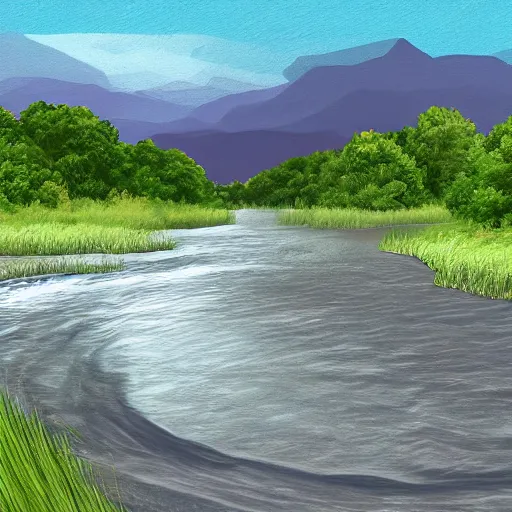 Image similar to digital art painting of a river running through the plains, very mediocre, not detailed at all.