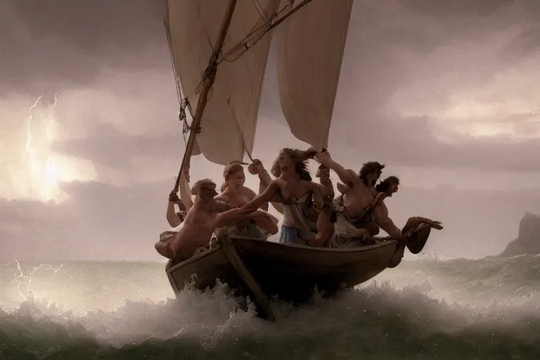 Image similar to ancient historically accurate depiction of Bible Character walking on water during a storm, a small fishing sailboat with scared sailors on board, dramatic lighting by frank miller, illustration by Ruan Jia and Mandy Jurgens and William-Adolphe Bouguereau, Artgerm, 4k, digital art, surreal, space dandy style, highly detailed, godsend, artstation, digital painting, concept art, smooth, sharp focus, illustration by Ruan Jia and Mandy Jurgens and William-Adolphe Bouguereau, Artgerm