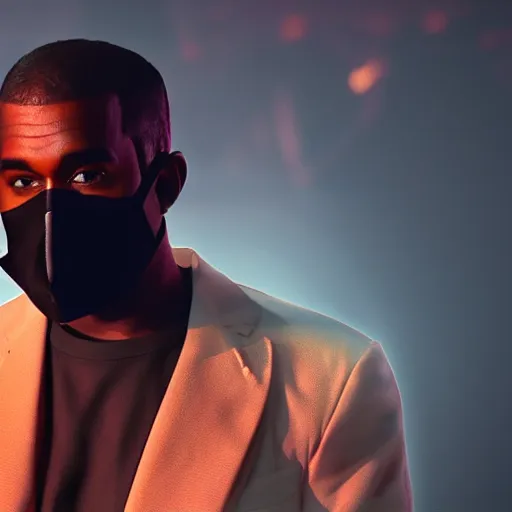 Prompt: Cinematic shot of Kanye West wearing a black mask over his face as a house burns behind him, hd 4k, AAA game, octane render
