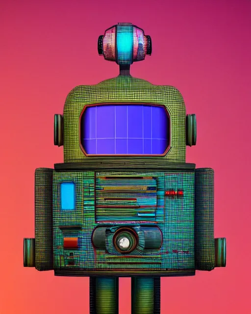 Prompt: 3 d render ofretro vintage droid with crt head with profile picture by luis toledo and alex grey and beeple, neosurrealism. digital art, pixel art, concept art, octane render, trending on cgsociety, trending on artstation