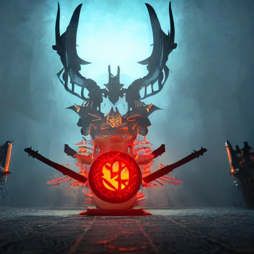 Prompt: full shot of a symmetrical game sigil of scary medieval weapons crossed, red powerful fantasy epic legends, game icon stylized, digital illustration radiating, a glowing aura, global illumination, ray tracing, 8 k high definition, intricate details, octane render, unreal engine, trending on arstation