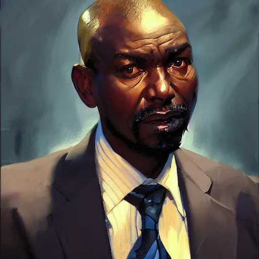 Image similar to Greg Manchess portrait painting of a skinny 50 year old African businessman character, villain, medium shot, athletic, asymmetrical, profile picture, Organic Painting, dramatic light, matte painting, bold shapes, hard edges, street art, trending on artstation, by Huang Guangjian and Gil Elvgren and Sachin Teng