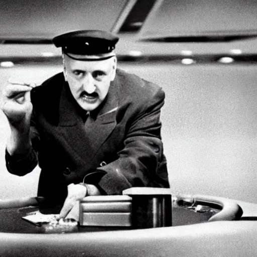 Prompt: Alexander Lukashenko in Dr. Strangelove or: How I Learned to Stop Worrying and Love the Bomb, cinematic still