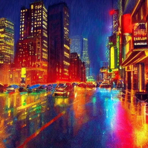 Image similar to beautiful landscape of new york city on rainy night, 4k, hd, upscaled, colourful, artstation, digital art