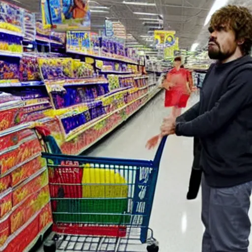 Image similar to film still of extremely tall peter dinklage shopping at walmart, shopping cart full of spaghetti