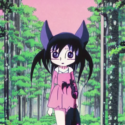 Prompt: an anime film vhs cover for a film by miyazaki of studio ghibli and tim burton, of a pastel goth vampire bat woman learning how to live in an empty cottage by herself in the middle of the woods, old vintage vhs, scan lines, grainy quality, real anime, fairies