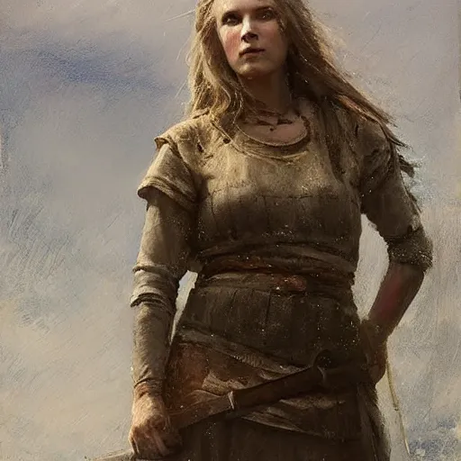 Image similar to Richard Schmid and Jeremy Lipking portrait painting of A shield-maiden (Old Norse: skjoldmø [ˈskjɑldˌmɛːz̠]) was a female warrior from Scandinavian folklore and mythology. Shield-maidens are often mentioned in sagas such as Hervarar saga ok Heiðreks and in Gesta Danorum. They also appear in stories of other Germanic peoples: Goths, Cimbri, and Marcomanni.[1] The mythical Valkyries may have been based on such shield-maidens.[ full-figure