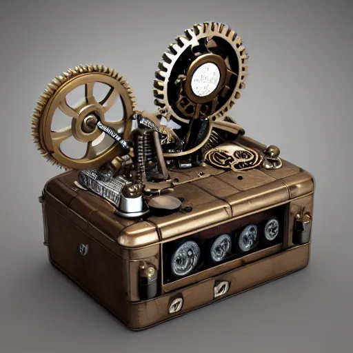 Prompt: octane render of a mechanical wind-up steampunk cd player with gears