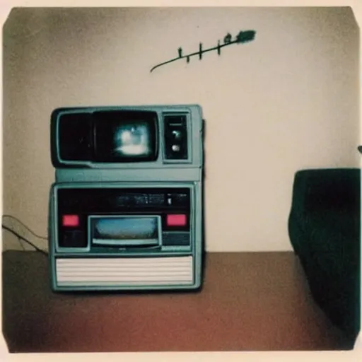 Prompt: Polaroid photograph of a living room in 1982!! A square CRT TV is on, with Netflix on the screen!!!!! The only light in the room is the light from TV.