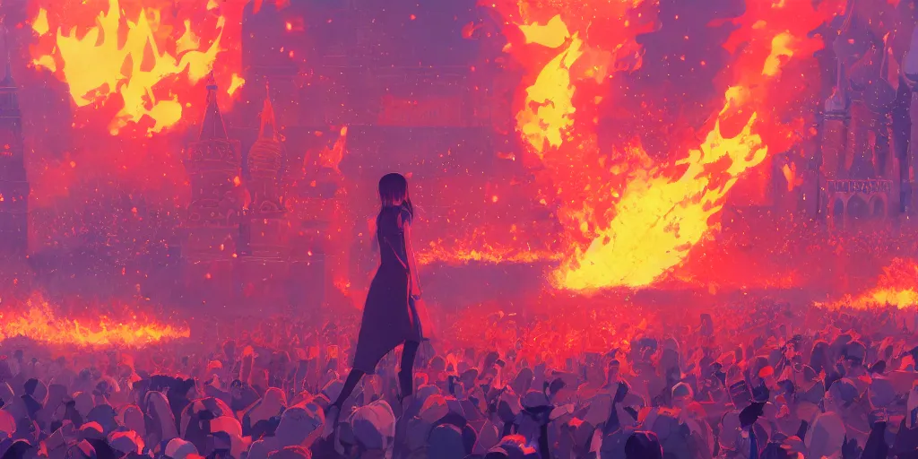 Image similar to high quality picture of burning Red Square in Moscow in flame, rich vivid colors, ambient lighting, dynamic lighting, 4k, HQ, official media, anime key visual, makoto shinkai, ilya kuvshinov, lois van baarle, rossdraws, detailed, trending on artstation