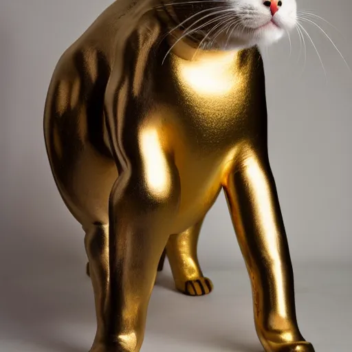 Image similar to a cat wearing gold plated armor, studio lighting