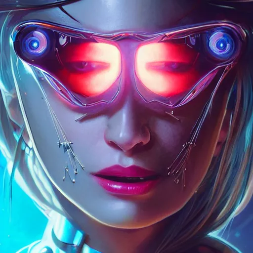 Prompt: highly detailed extreme closeup portrait of a cybernetic woman, in disney, stephen bliss, unreal engine, art by greg rutkowski, loish, rhads, ferdinand knab, makoto shinkai and lois van baarle, ilya kuvshinov, rossdraws, tom bagshaw, global illumination, radiant light, detailed and intricate environment