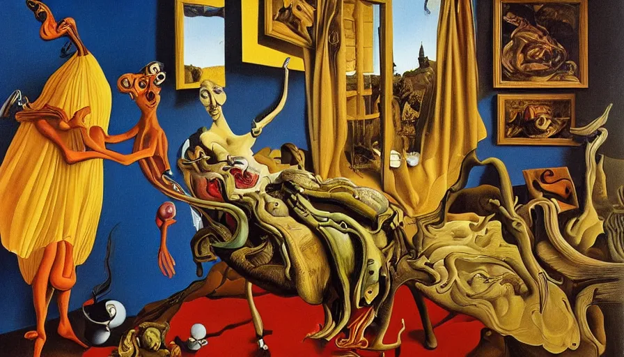 Image similar to gorgeous painting by equal parts salvador dali and vermeer robert williams and basil wolverton and robert crumb oil on canvas, 8 k 1 0 8 0 p