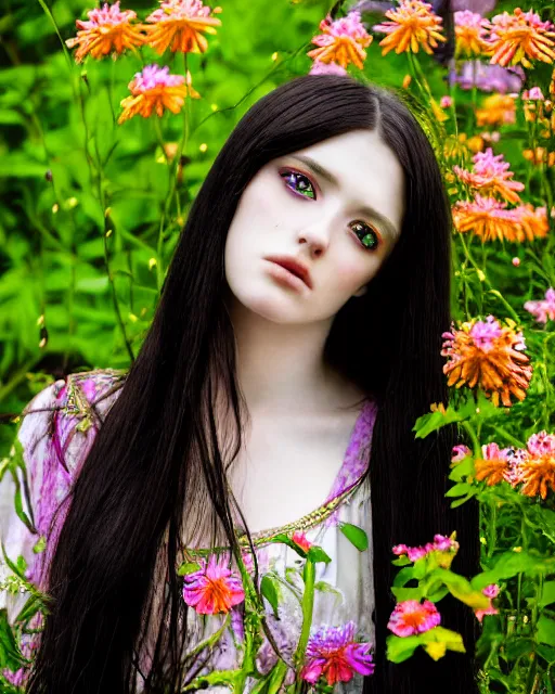 Image similar to an stunning beautiful girl is surrounded by colourful pre - raphaelites flowers and plants, symmetric face and eyes, manga style, long straight black hair, visible face 8 k, soft focus, melanchonic soft light, volumetric lighting, highly detailed realistic, refined, highly detailed, soft blur outdoor lighting, fine art fashion photography 5 0 mm f 2
