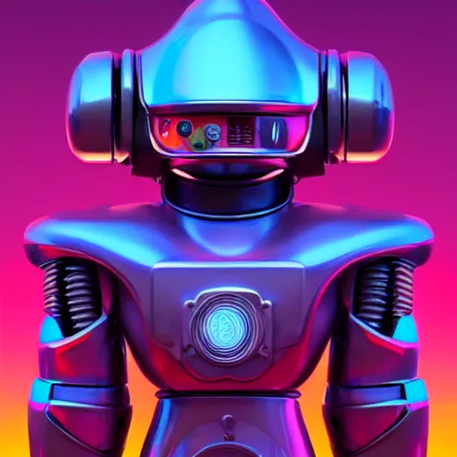 Image similar to 80s futuristic retro robot character, colorful chrome:: by beeple and James Gilleard and Justin Gerard :: ornate, dynamic, particulate, intricate, elegant, highly detailed, centered, artstation, smooth, sharp focus, octane render, 3d