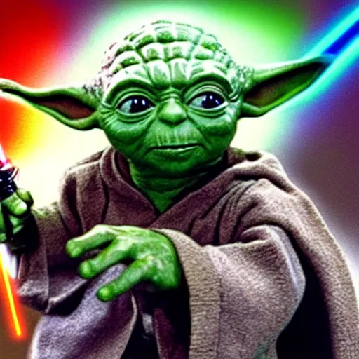 Prompt: yoda holding a light saber next to darth vader background is the bridge of the starship enterprise.