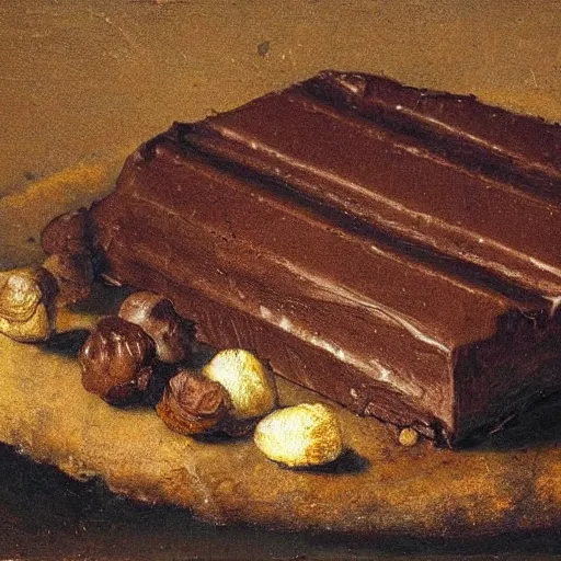 Prompt: Closeup of a piece of chocolate on a table, oil painting by Rembrandt van Rijn