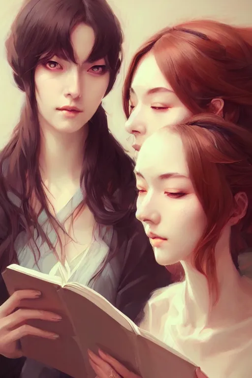 Prompt: portrait of two wise and very beautiful women reviewing some texts, art by guweiz, intricate, elegant, highly detailed!, smooth, sharp focus, artstation