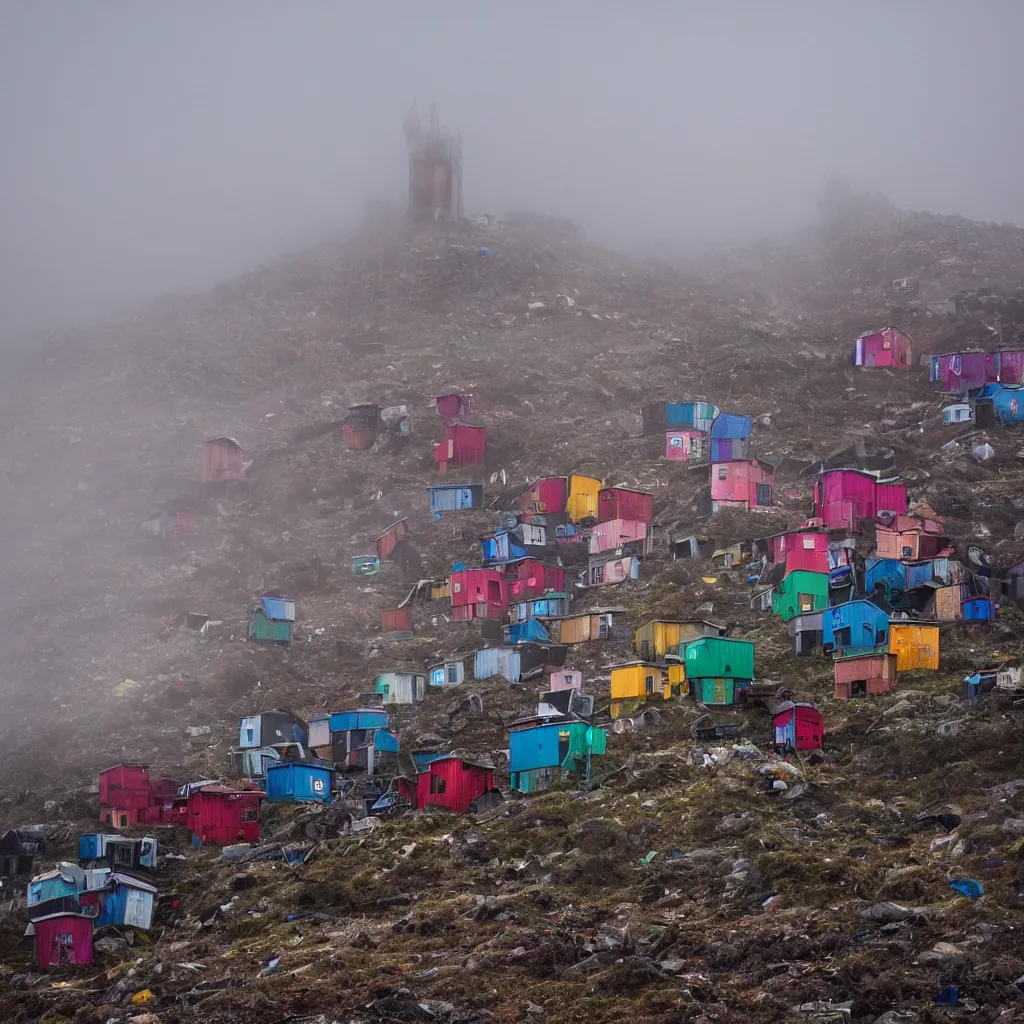 Prompt: two towers, made up of colourful makeshift squatter shacks, uneven dark fog, dystopia, sony a 7 r 3, f 1 1, ultra detailed, photographed by jeanette hagglund