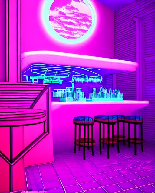 Image similar to synthwave vaporwave maximalist detailed restaurant lofi purple blue retro dreamcore render realistic 3 d by seerlight trending on instagram