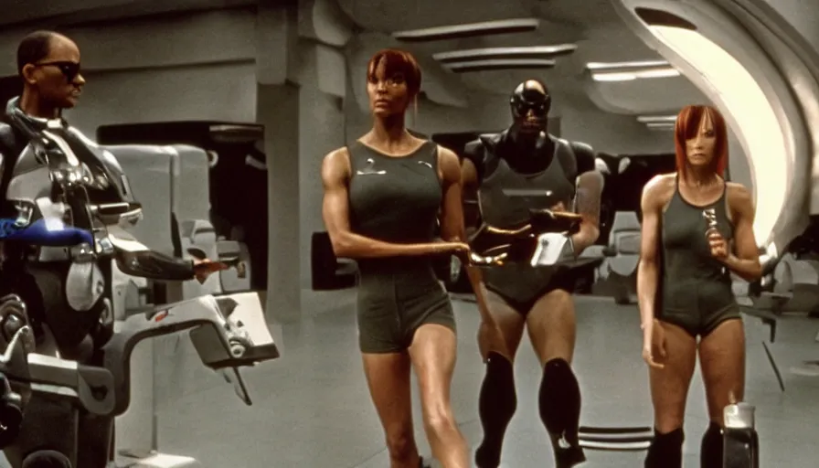 Prompt: The matrix, LeeLoo, Starship Troopers, Olivia Pope, 1960's Olympics footage, Sprinter athletes recovering from a race, tuning their mechanical legs with mechanics helping, intense moment, cinematic stillframe, backlit, The fifth element, vintage robotics, formula 1, starring Geena Davis, clean lighting