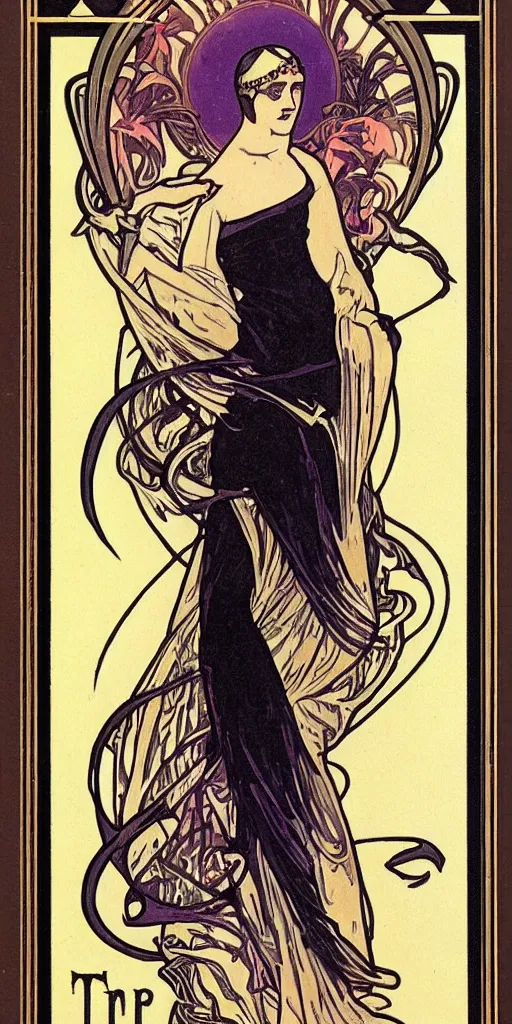 Prompt: an art deco illustration of the grim reaper on a tarot card with an elegant border by alphonse mucha