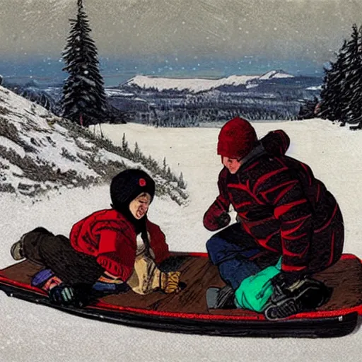 Image similar to Pogg and Yuurei sledding in Canada, 4k, sharp focus,woodcut art, greg rutkowski