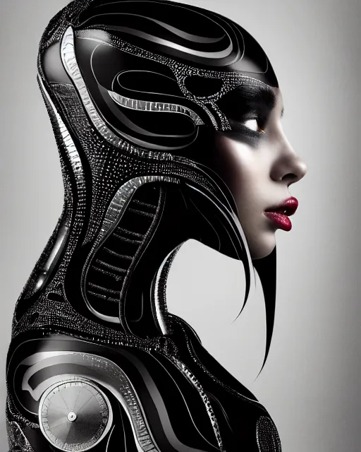 Image similar to a profile portrait, a stunning young woman - cyborg with a mutant crow head, editorial photography, bw, shot on 7 0 mm, depth of field, f / 2. 8, high contrast, 1 6 k, volumetric lighting, shiny, insanely detailed and intricate, hypermaximalist, elegant, ornate, hyper realistic, super detailed