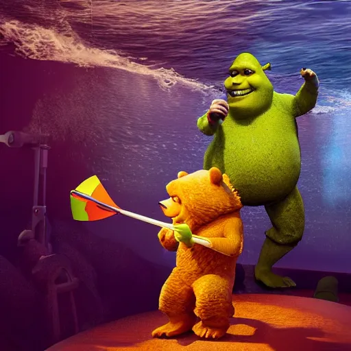 Image similar to life - sized gummi bear and shrek go deep sea fishing in a sportfisherman boat. the bear is fishing for swedish fish candy by using gummi worm candy as bait. photorealistic digital art, epic fantasy, dramatic lighting, cinematic, extremely high detail, cinematic lighting, trending, artstation, cgsociety, 3 d ue 5, 4 k, hq