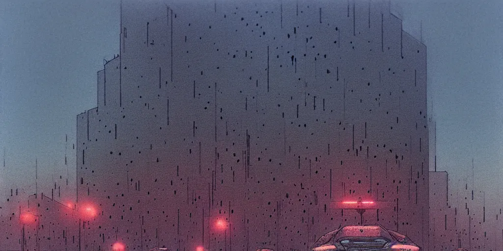 Image similar to grainy risograph matte painting of gigantic huge mech covered with wounds,, pastel matte colors, staying in the foggy huge parking station, by moebius, hyperrealism, intricate detailed